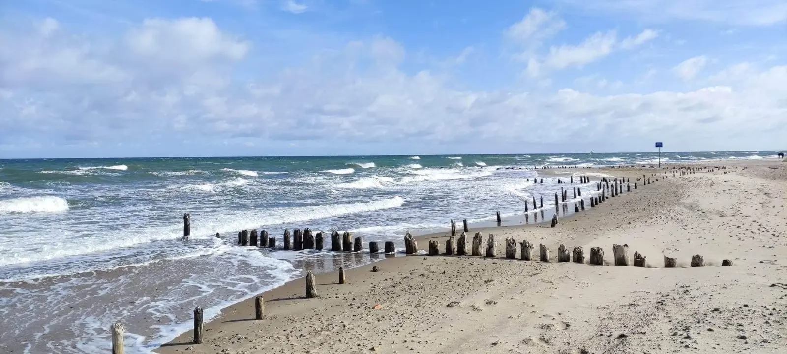 Breiter Sandstrand in Kühlungsborn mit Buhnenreihen im Wasser unter blauem Himmel